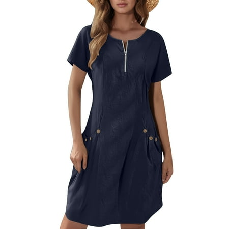 DGMIOCS Women s Dress Short Sleeve Dress For Women Round Neck with Zip Neck Casual Everyday Style Blue XXXL