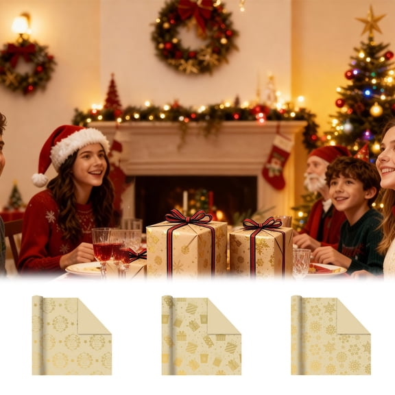 kladzum Christmas Wrapping Paper Gold Foil Kraft Gift Wrap Holiday Packaging Paper with Santa Snowflake Gift Print for Christmas Presents Wrapping Paper 19.68x27.5"