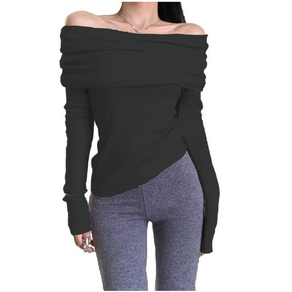 UJNDER Off The Shoulder One Shoulder Knit Sweater for Women Spring Autumn Collarbone Long Sleeve Black One Size