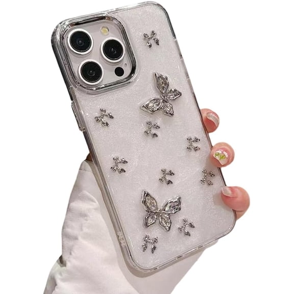 Designed for iPhone Case,Luxury Glitter Dripping Glue Glittering Butterfly Silicone Shockproof Protective Cover Phone Case (iPhone 14 Pro,White)