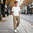 thumbnail image 4 of WDWYY Boys Pull On Cargo Pants Relaxed Fit Durable Elastic Waist Straight Leg Casual Pants with Multi Pockets Khaki 5-15Y, 4 of 6