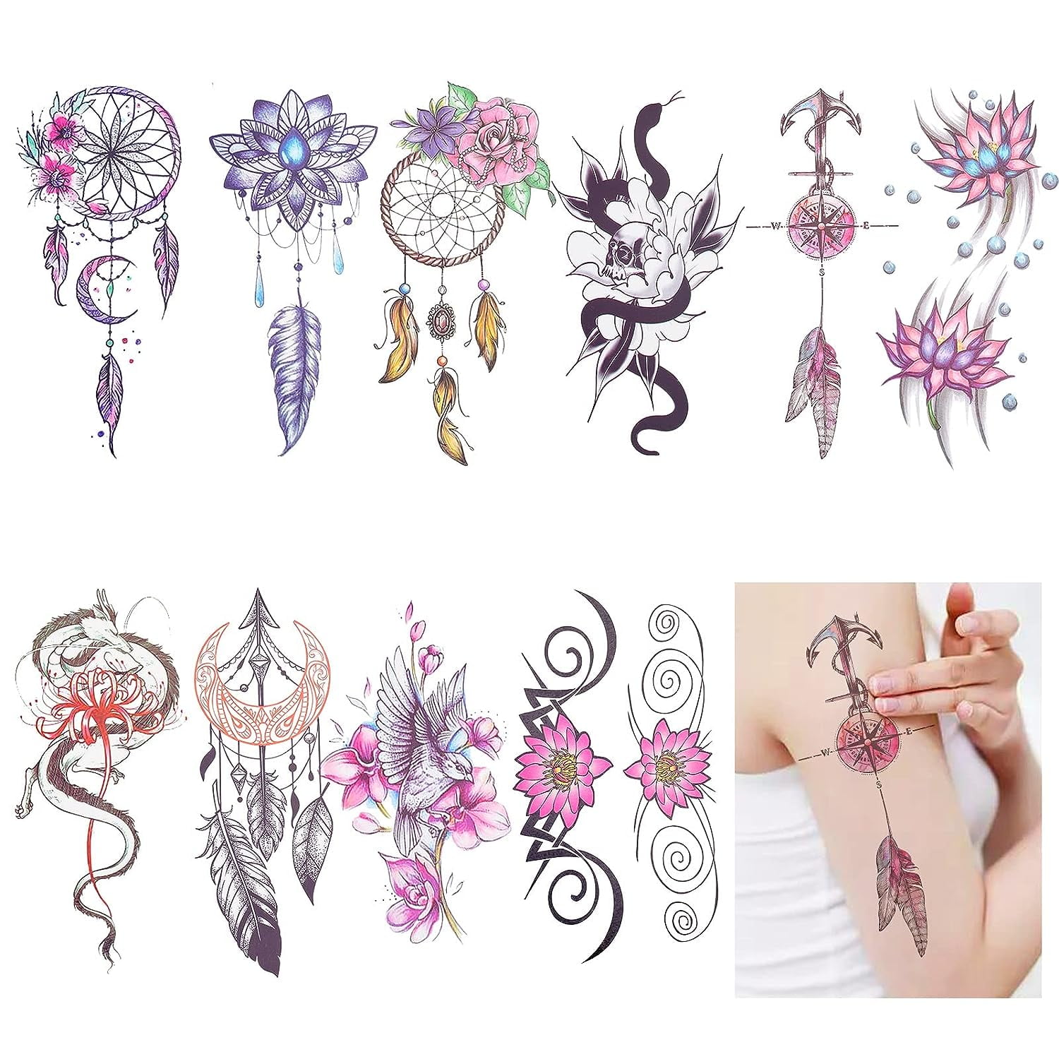 10 Sheets Temporary Tattoos for Women Feather Temporary Tattoo 3D