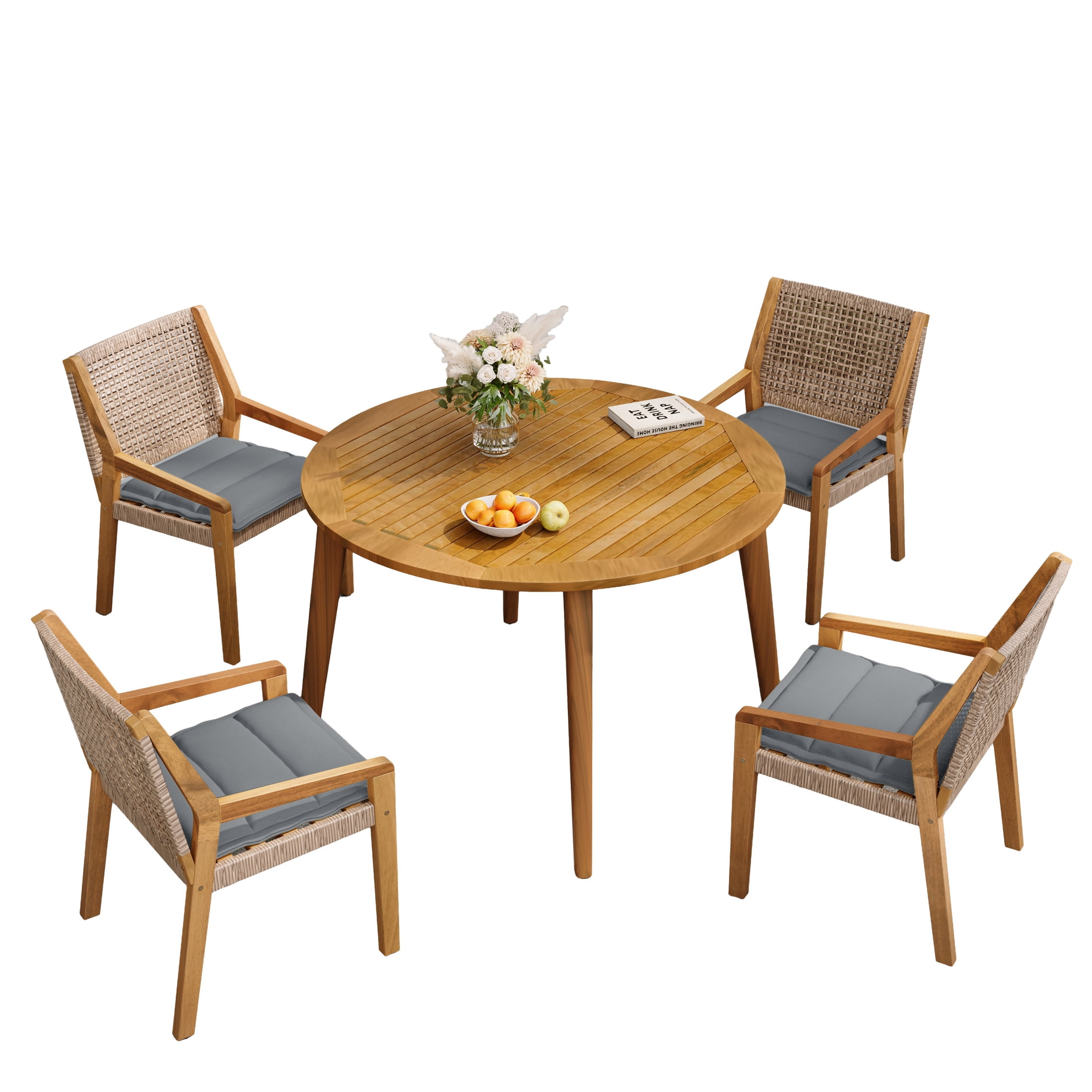 Christopher Knight Home 5-Piece Outdoor Dining Set, Acacia Wood Round Table with Wicker Armchairs, Teak+Gray