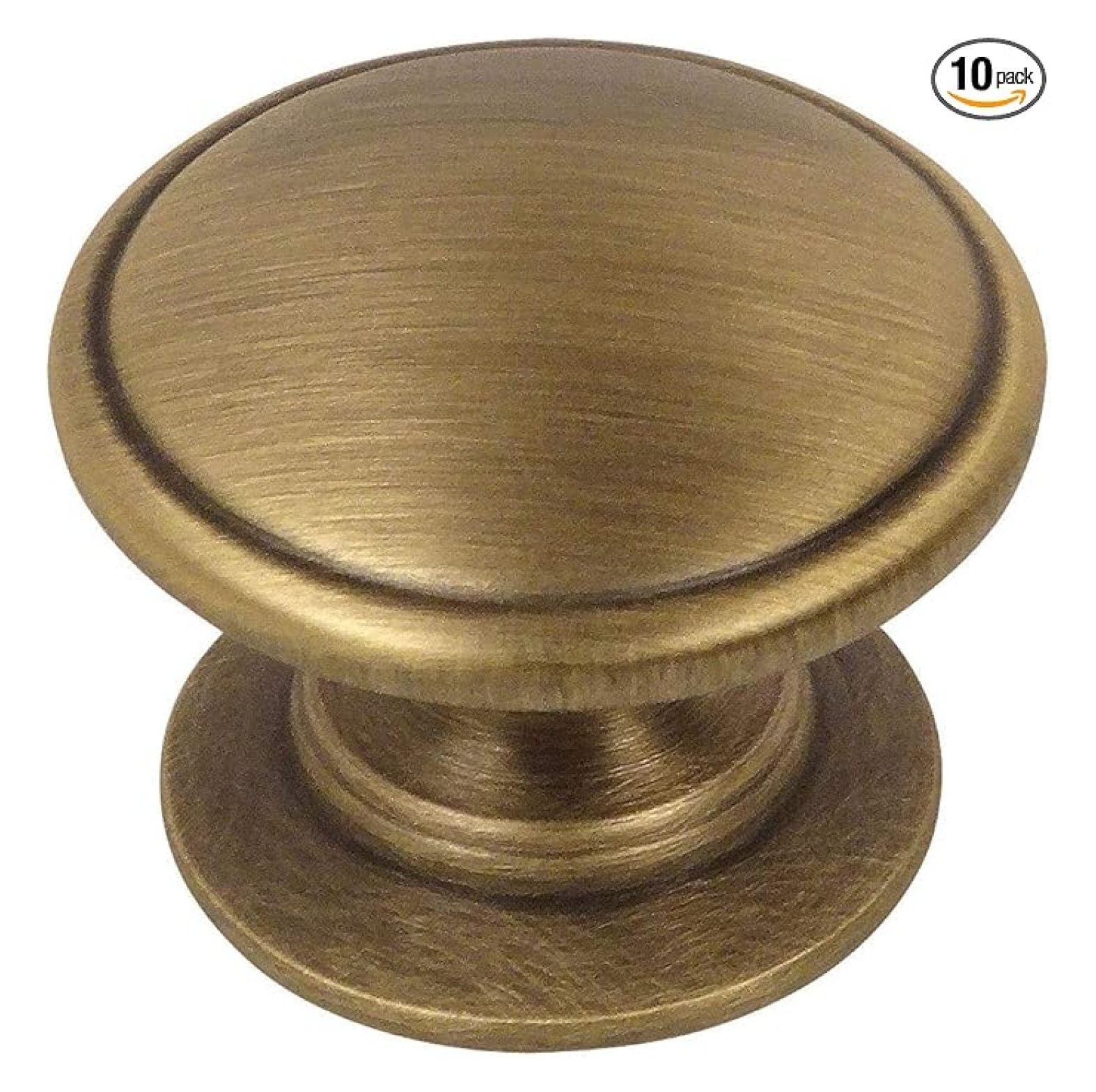 Brushed Antique Brass Cabinet Knobs - 10 Pack - 1-1/4" Round Knobs for Kitchen & Bathroom - Wide Base Design - 1" Projection - Mounting Screws Included