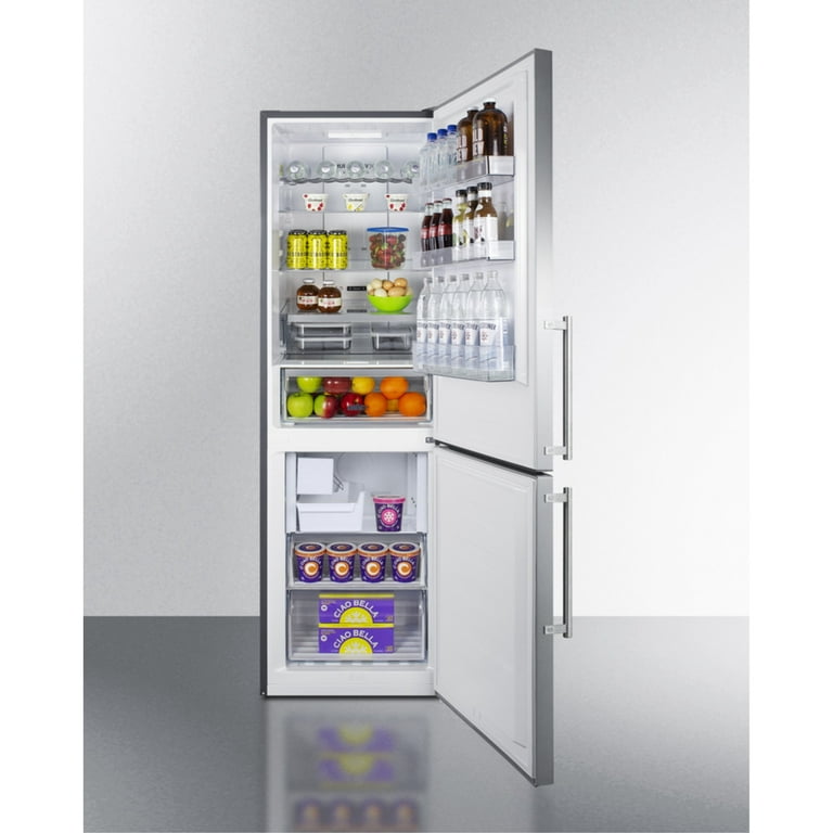 European counter depth bottom freezer refrigerator with stainless steel  doors, platinum cabinet, factory installed icemaker, and digital controls  for each section 