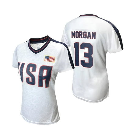 U.S. Soccer USWNT Player Shirt – Adult Women's Official USA Flag Football Tee Top - Morgan 13, White, Large