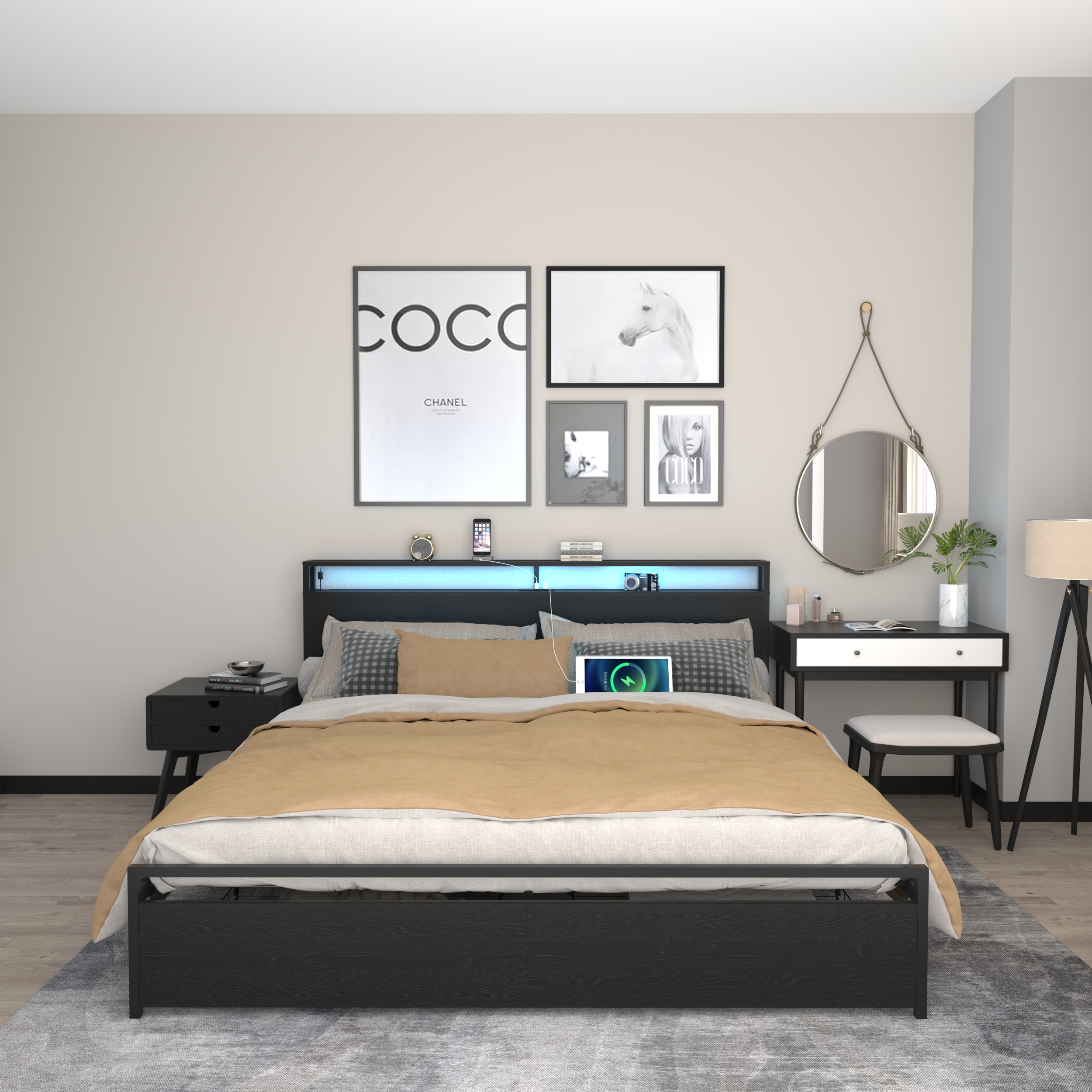 Miniyam King Size Bed with LED Lights, Storage Drawers, USB Charging Headboard for Adult, Black
