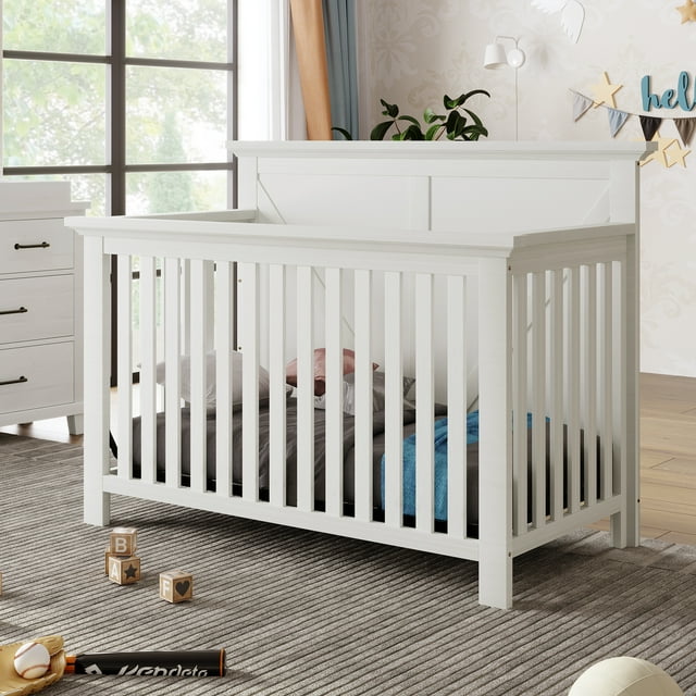 Paproos White Cribs for Baby, 4in1 Solid Wood Convertible Baby Crib