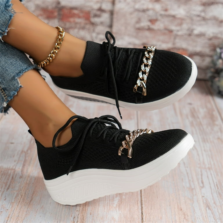 Aayomet Platform Sneakers Ladies Fashion Solid Color Breathable Mesh Metal  Chain Lace Up Platform Casual Sports Shoes,Black 6.5