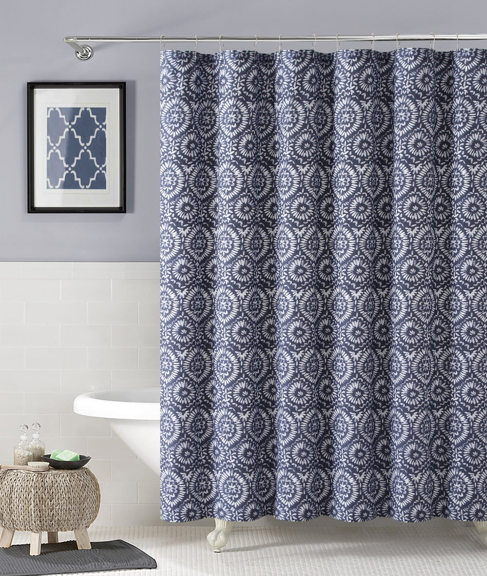100 Cotton Fabric Shower Curtain Navy Blue and White Floral Medallion