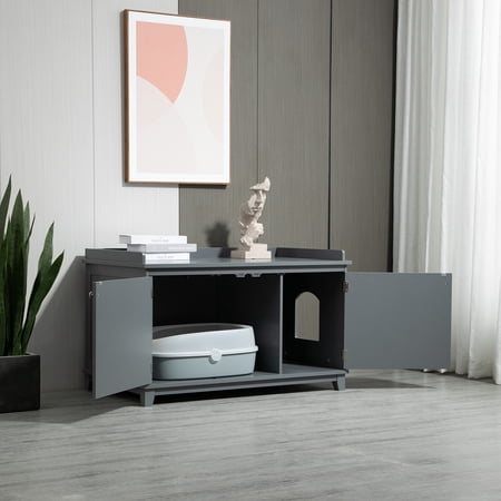 PawHut Cat Litter Box Furniture Hidden Litter Box Enclosure Cabinet Indoor Cat Washroom Double-door Nightstand End Table with Cat Hole Grey