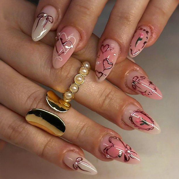 WFBBKP Uñas postizas adhesivas para San Valentín, 24 piezas, almendra rosa 3D