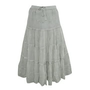 Mogul Women's Maxi Skirt Grey Embroidered Tiered Style Long Skirts