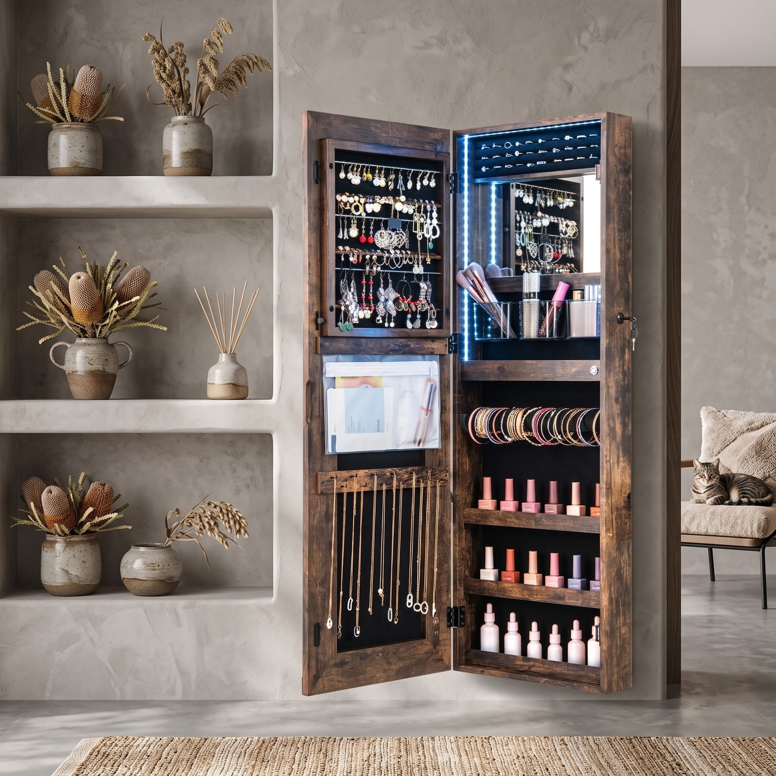 Furnibear 42.5 Inch Lockable Wall and Door Mounted Jewelry Cabinet with Full-Length Mirror and 3-Color LED Lights, Rustic Brown