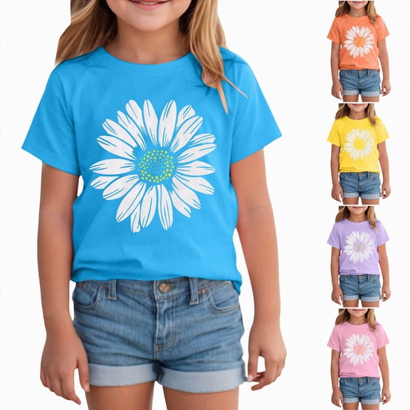 YDFCWXW Girls Loose Cotton T Shirts Daisy Graphic Tees Short Sleeve Vintage Tops Casual Summer Clothes 2026 (Orange, 5-6 Years)