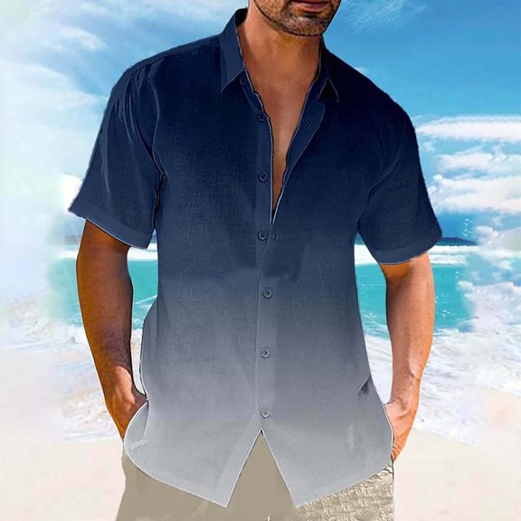 WREESH Men's Summer Casual Linen Shirts Beach Button Down Shirt Gradient Short Sleeved Lapel Shirt with Pocket Dark Blue