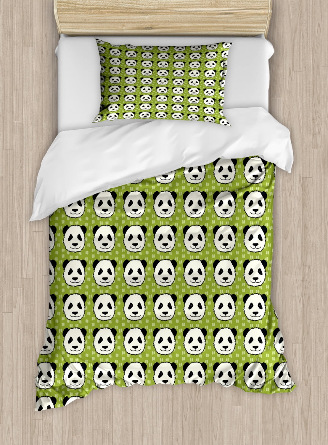 Panda Duvet Cover Set Twin Size, Cartoon Funny Hand Drawn Style Panda