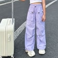 thumbnail image 2 of CPNG Girls Cargo Pants Solid Color Elastic High Waist Straight Wide Leg Baggy Cargo Sweatpants Lightweight Streetwear Casual Cargo Trousers, 2 of 7