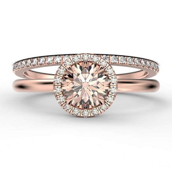 Fairy Minimalist 1.75 Carat Round Cut Morganite And Diamond Moissanite Engagement Ring, Classic Halo Wedding Ring in 10k Solid Rose Gold, Gift For Her, Anniversary Gift, One Matching Band, Bridal Set