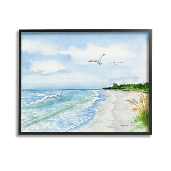 Stupell Industries Traditional Seagull over Beach Landscape Painting Black Framed Art Print Wall Art, 14 x 11