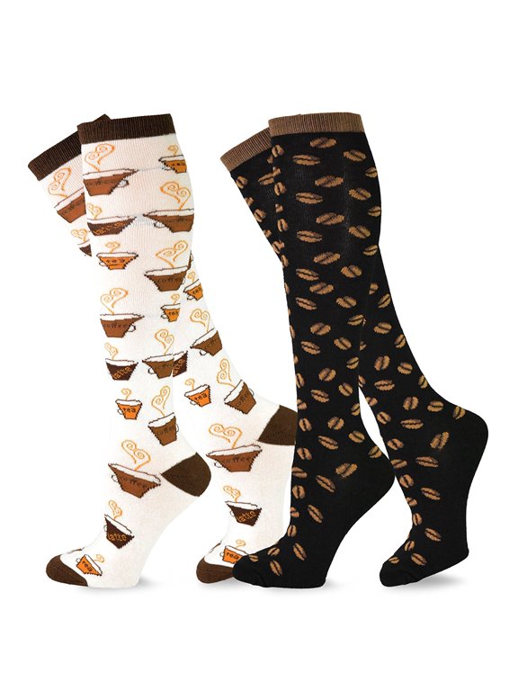TeeHee Women's Foods Knee High Socks 2-Pack (Coffee Bean & Coffee)