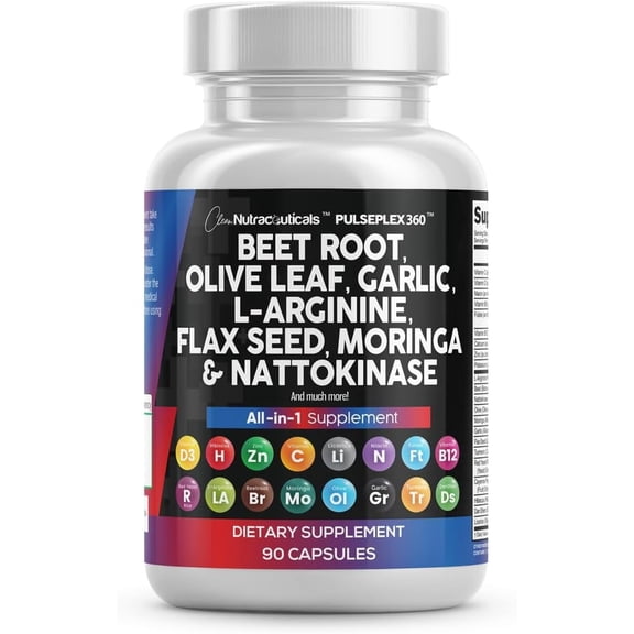 Clean Nutraceuticals Beet Root Capsules Olive Leaf Nattokinase Garlic Extract L-Arginine Omega 3 Red Yeast Rice Hibiscus Danshen - Healthy Support Supplement - 90 Ct