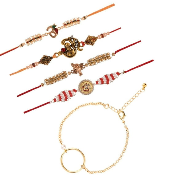 Efulgenz Ganesha Rakhi for Brother Bhaiya Bhabhi Handmade Rakhis for Rakshabandan Faux Pearl Indian Rakhi Thread Bracelets Gift for Brother with Chain Charm Bracelet Gift for Sister Bhabhi (Set of 5)