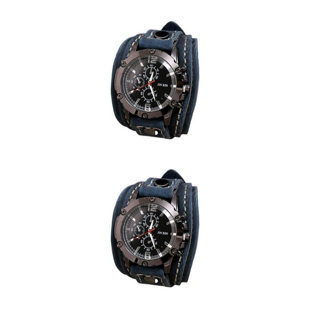 Sonducket Punk Vintage reloj de ancho PU cuero cinturón correa brazalete número romano azul 2piezas Azul