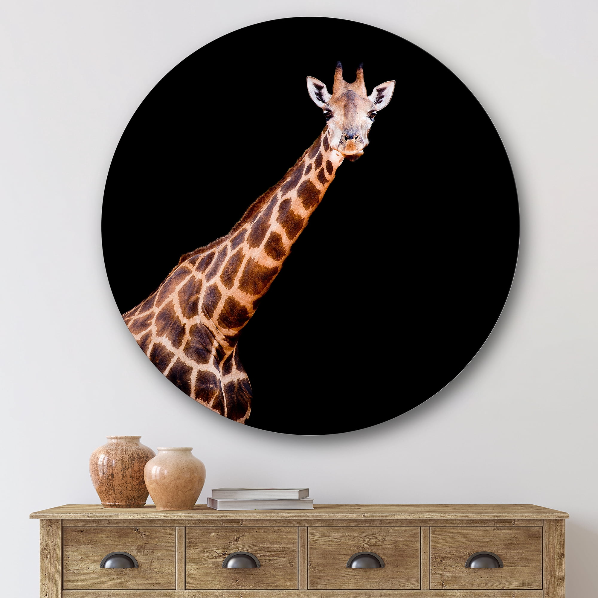 Designart 'Portrait of A Giraffe On Black Background III' Farmhouse Circle Metal Wall Art 36x36 - Disc of 36