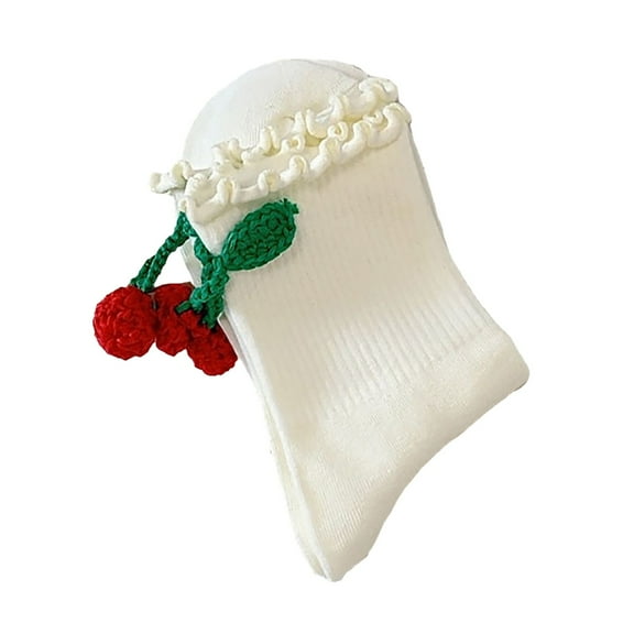 Yuanlong Womens Socks Solid Color Ruffled Cuffs Crew Socks With Cherry Pom Hosiery Sweet Cute Style Breathable Mid Socks11