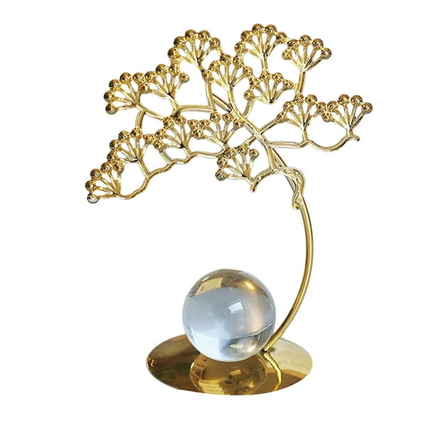 Escritorios de Oficina en el Hogar Ginkgo Crystal Ball Base Art Gold Carving Leaf Form Sculpture Ornament, Adecuado para el Hogar, la Oficina, el Escritorio, la Estantería, Etc.