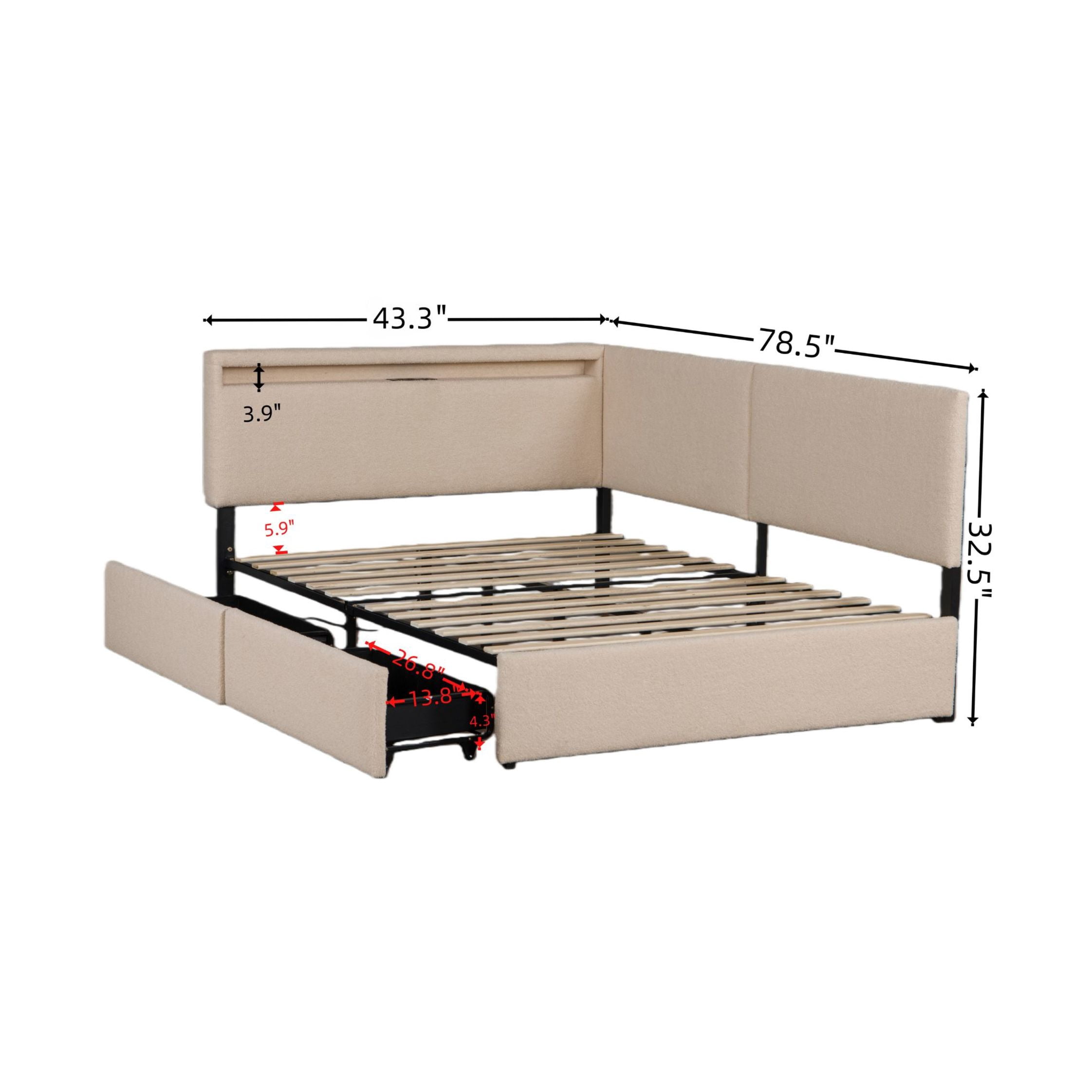 Noble House Einav 79" Twin Upholstered Boucle Bed Frame, Corner Daybed with Storage Drawers, LED Light, Beige