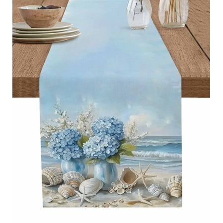 

Table Runner Blue Beach Scenery Hydrangeas Floral Starfish Shell Wave Table Runners Dresser Scarves Holiday Kitchen Dining Table Decoration for Home Party Indoor 13x108 Inch