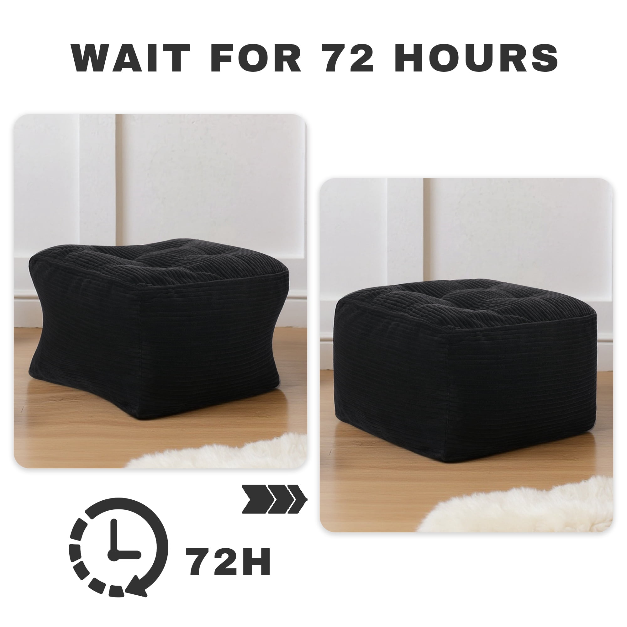 Black Corduroy Round Pouf Ottoman, Foot Rest, Foam Chunk Filling