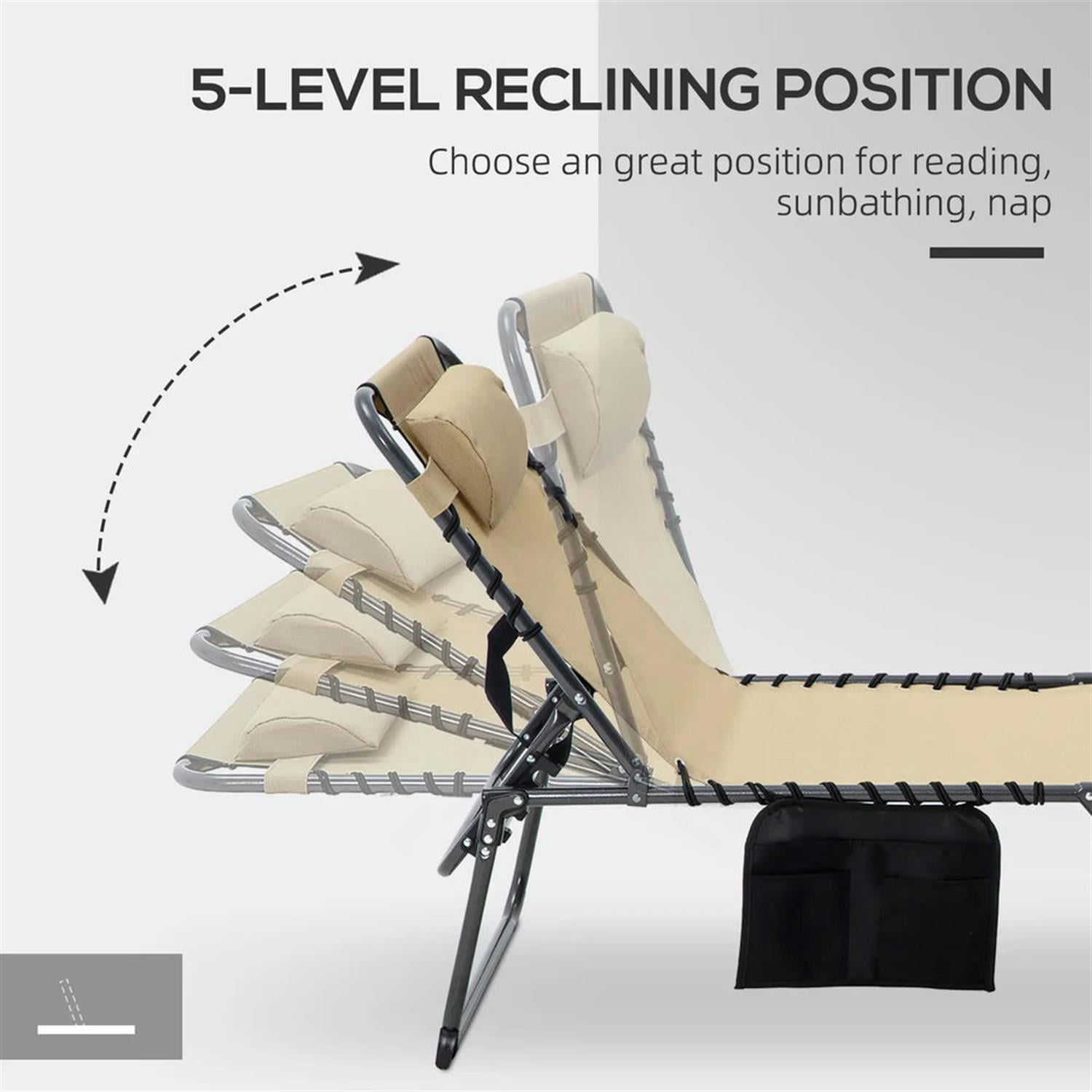 Demi Bonn Outdoor Folding Chaise Lounger with 5-Position Reclining, Built-in Reading Grommet, Side Storage, Pillow Relaxation for Sunbathing, Beige