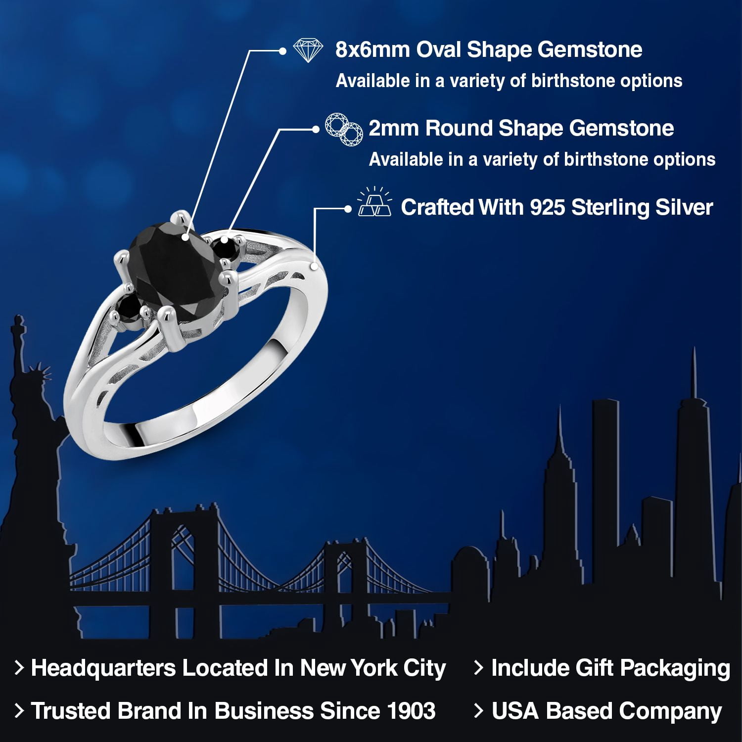 Gem Stone King 925 Sterling Silver Black Sapphire and Black Diamond 3 Stone Engagement Ring for Women | 1.73 Cttw | Oval 8X6MM | Round 2MM | Gemstone September Birthstone | Size 9