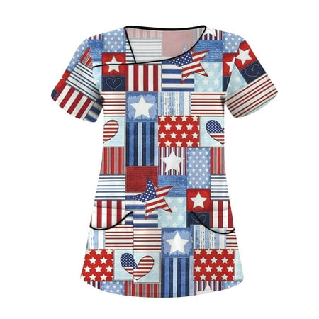 YDKZYMD 4th Of July Petite Scrubs for Women Independence Day Patriotic Day Scrubs 2024 Trendy Summer Medical Plus Size with Pockets Shirts V Neck Nurse Uniform Short Sleeve Tee Tops White XL