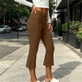 thumbnail image 2 of Olyvenn Women's Solid Cropped Micro Flare Pants, Fold Over Elastic Waist Capri Trousers, Stretch Slim Fit Casual Summer Wear Brown XXL, 2 of 8