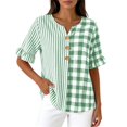 thumbnail image 6 of Womens Cotton Linen Tops Summer Elbow Length Sleeve Tshirts for Women Striped Plaid Printed Ruffled Button V Neck Top, 6 of 6