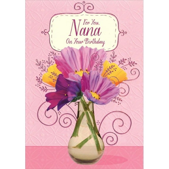 Designer Greetings Purple and Yellow Flowers in Glass Vase and Purple Foil Swirls Birthday Card for Nana