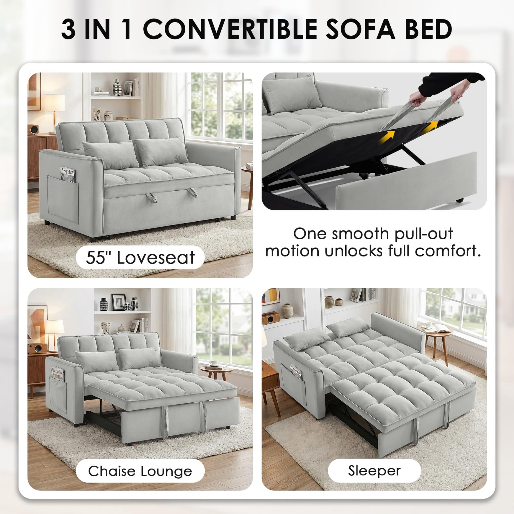 54" 3 in 1 Convertible Velvet Sofa Bed, 3 Position Foldable Sleeper Couch with Adjustable Backrest & Pillows, Light Gray