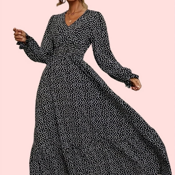 Vestido de cintura alta con estampado de puntos, elegante vestido maxi de manga larga con escote en V, ropa de mujer