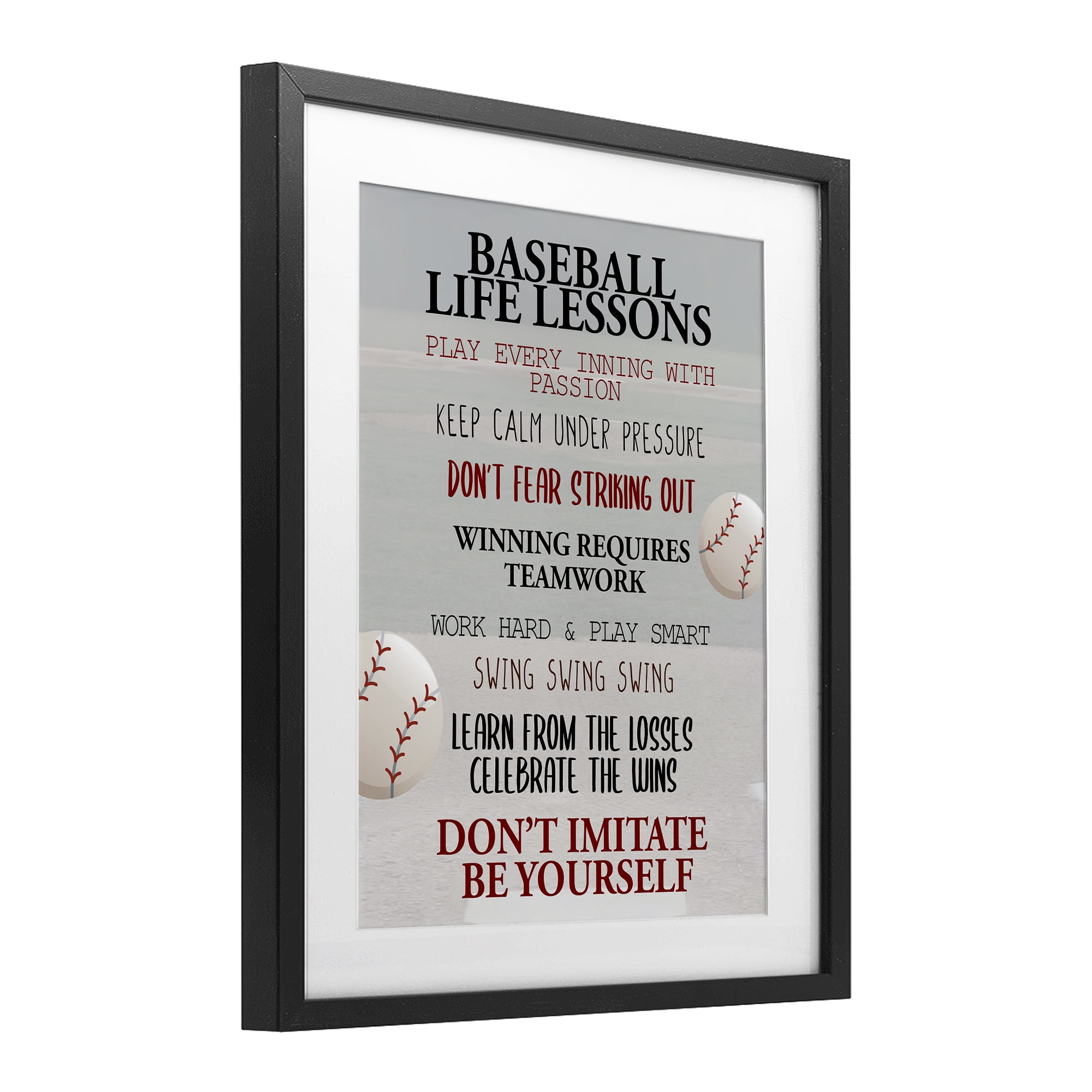 Baseball Life Lessons Black Framed Print Under Glass, design by Kim Allen