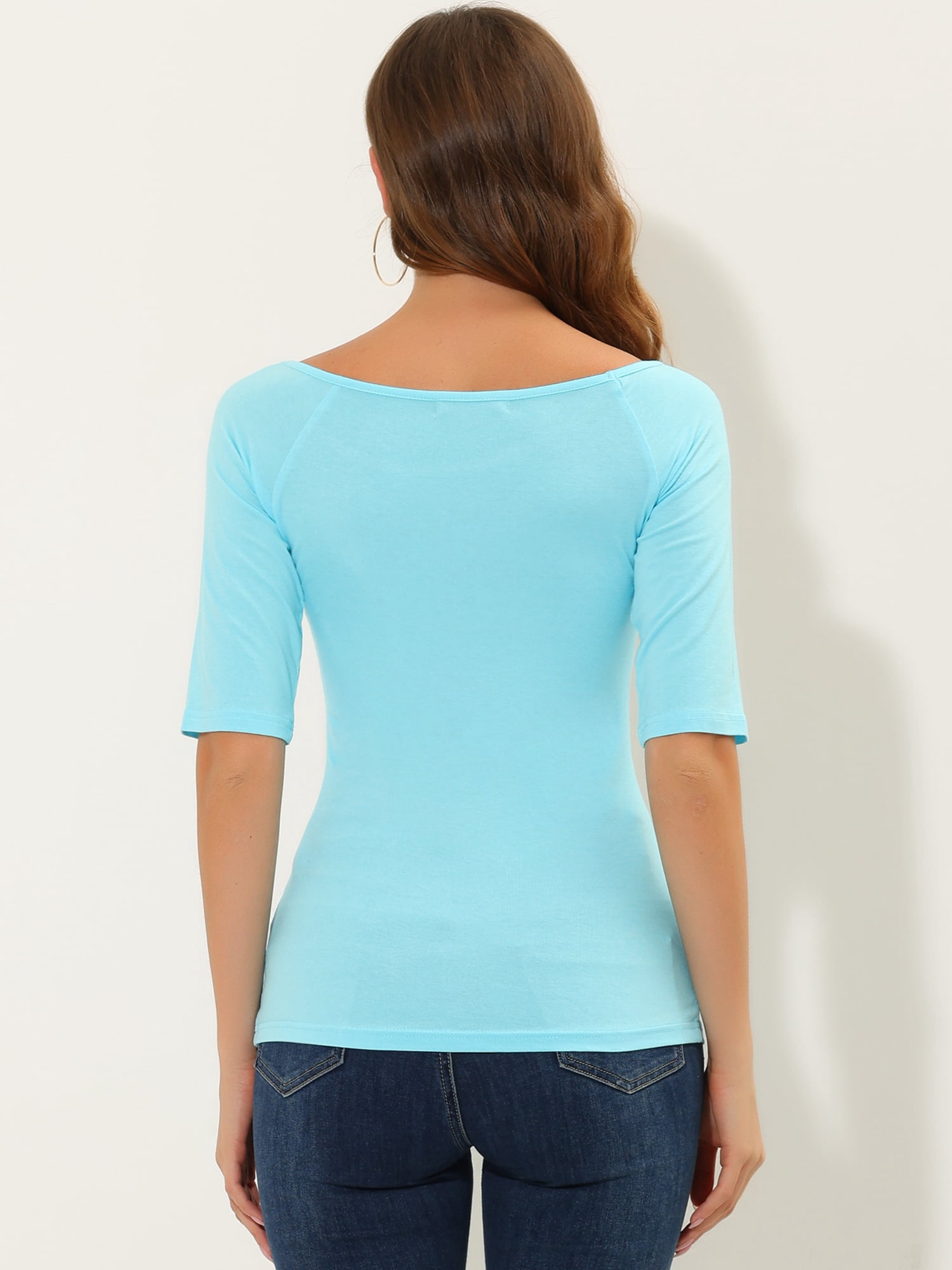 DARING DIVA Women's Slim Fit Pullover Boat Neck Stretchable T-Shirt L Sky Blue