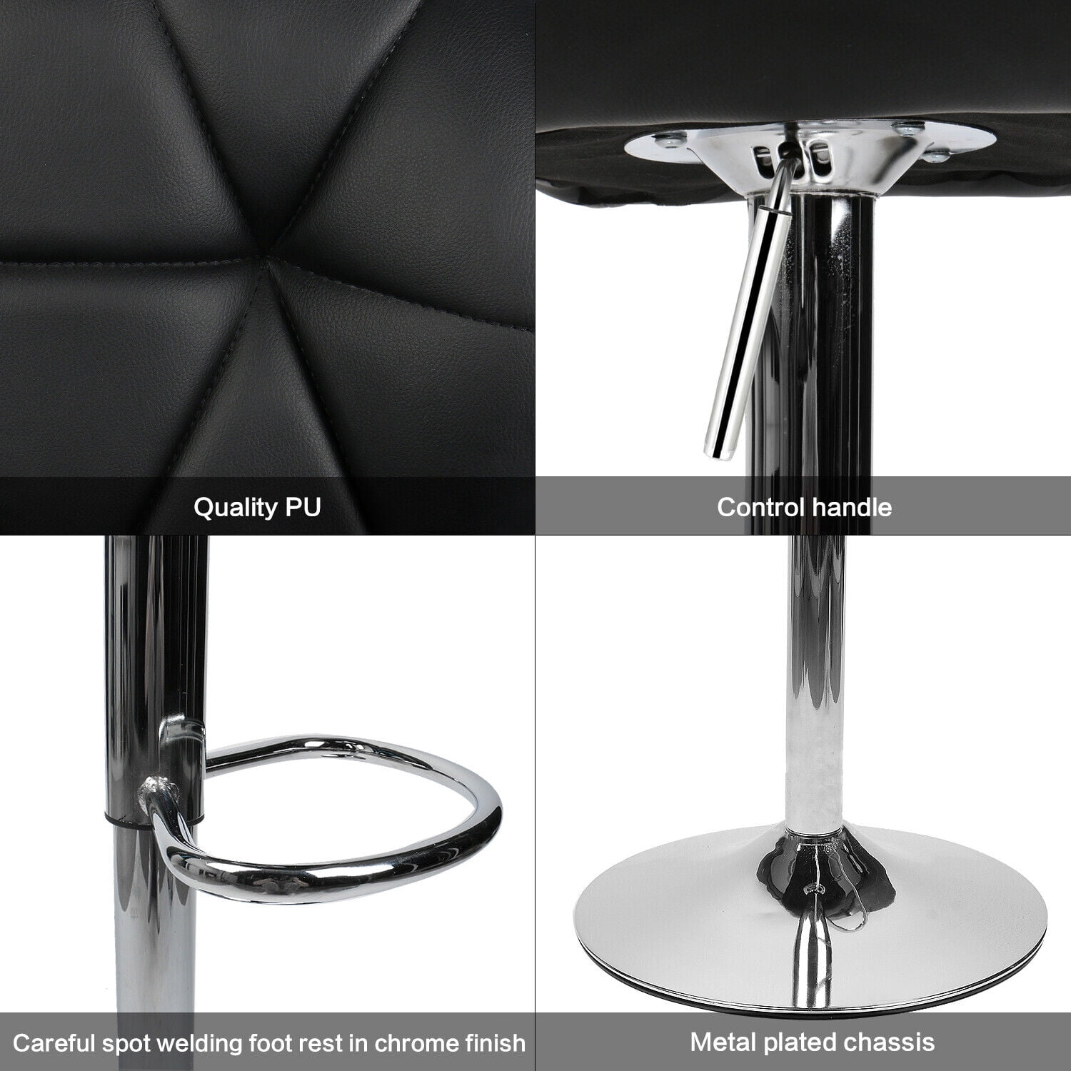 FULLWATT Bar Stools PU Leather Seat with Chrome Base Swivel Dining Chair Barstools, Black, Set of 4