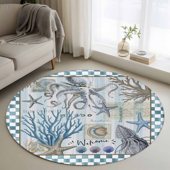 Blue Beach Coastal Round Area Rug 4 FT, Non Slip Indoor Outdoor Rug, Nautical Seaside Coral Starfish Washable Soft Circular Carpet Non-Shedding Floor Mat for Coffee Table Nursery Foyer Balcony