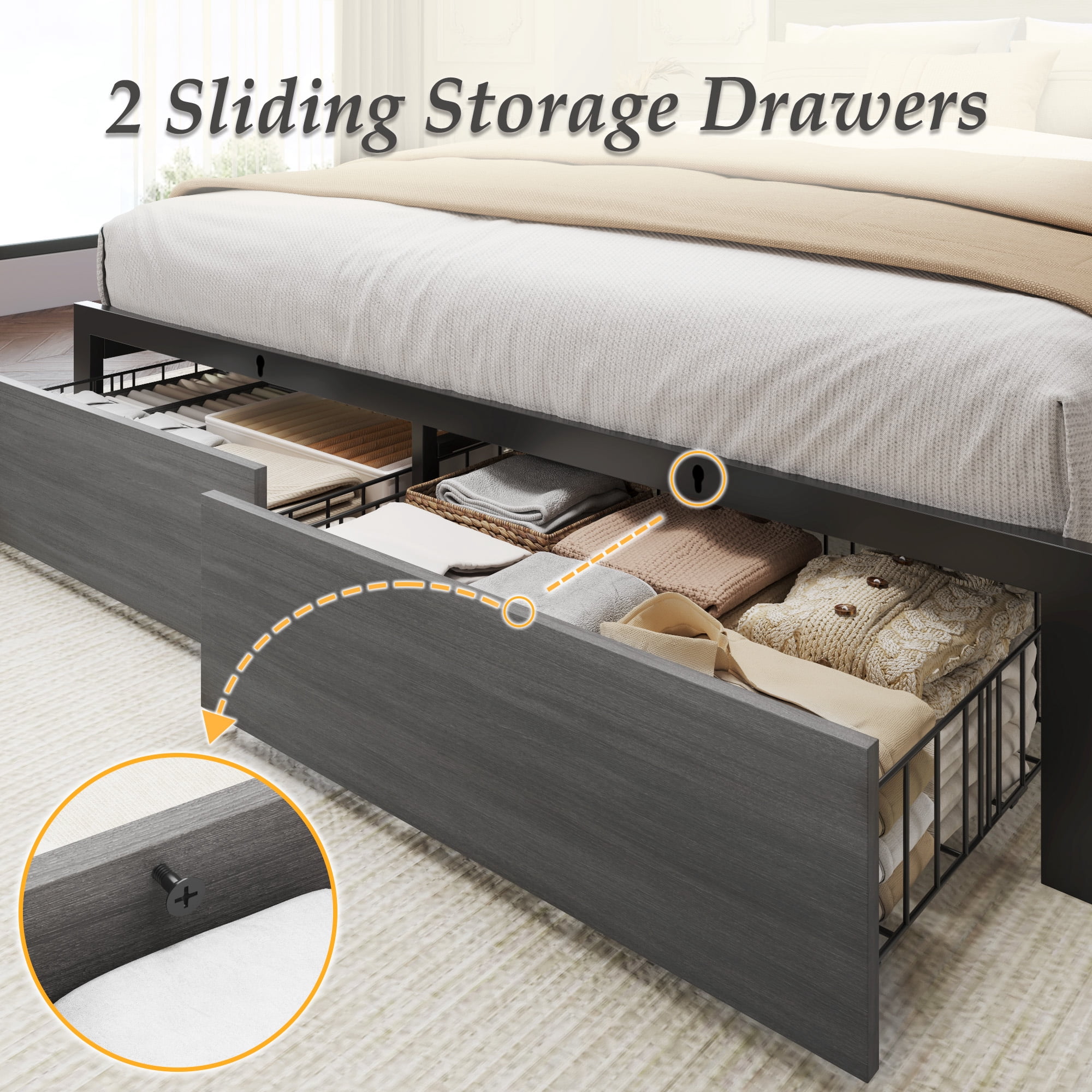 Full Bed Frame with Headboard and Storage, 2-Tier Storage Headboard & Foot-Board Drawers, Rustic Grey