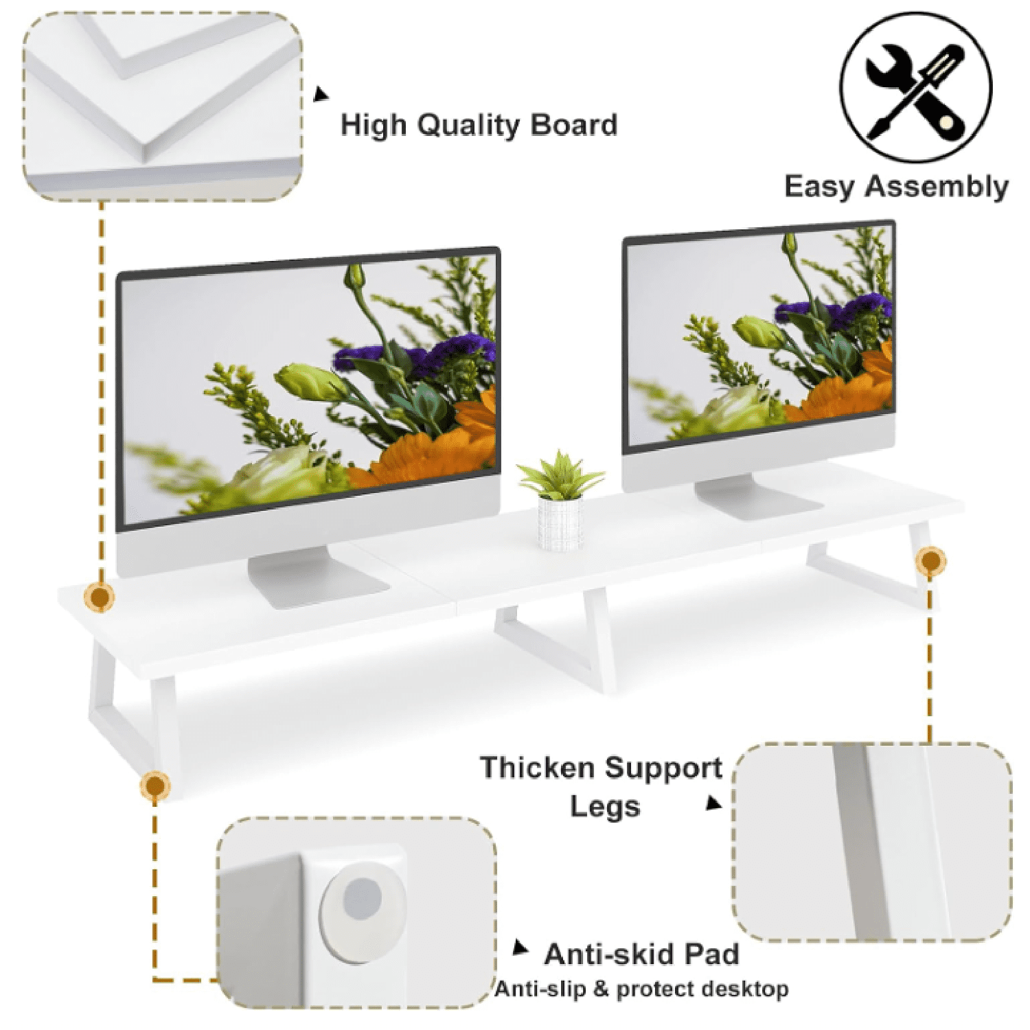 White Dual Monitor Riser for 2 Monitors-42inch, Wood Desktop Dual Stand with Metal Legs, Long Screen/PC/Laptop Storage,Computer Shelf TV Holder Home Office