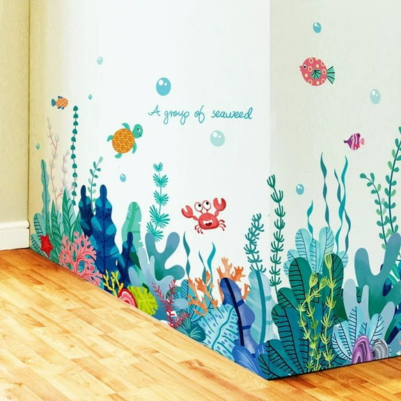 Removable 3D Under The Sea View Grass Wall Decal - DIY Ocean Coral Seaweed Stickers Murals - Peel and Stick Home Decor for Kids Bedroom, Bathroom, Girl Nursery Corner Decoration
