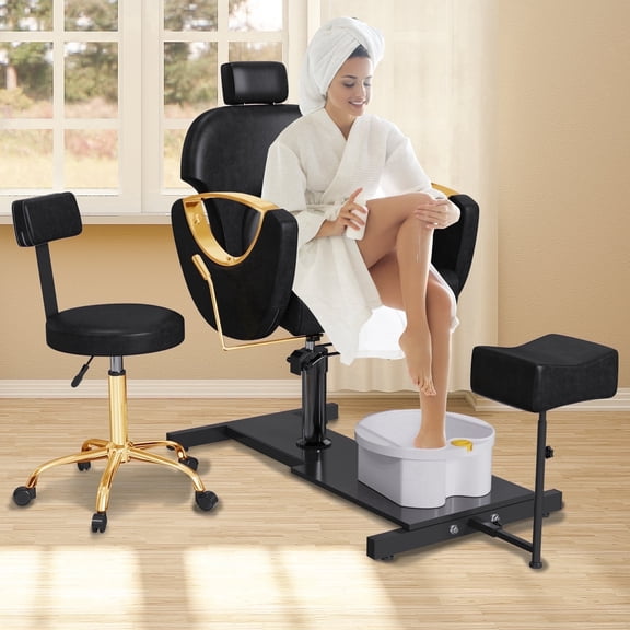 KIGOTY Pedicure Chair with Massage Foot Bath, Hydraulic Foot Chair for Foot Bath Pedicure Chair 360° Rotation, Height Adjustable Pedicure Unit Station, Black